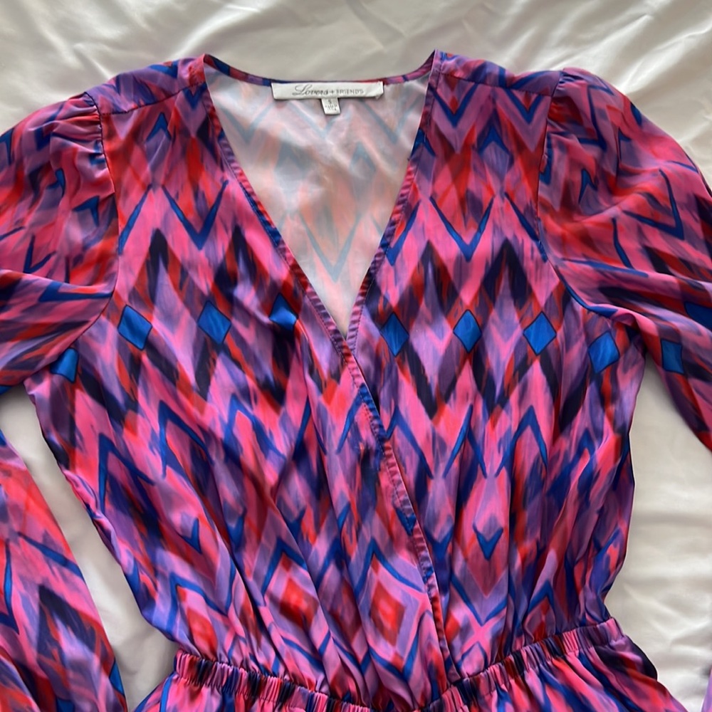 Lovers + friends, pink, purple and blue chevron romper size small